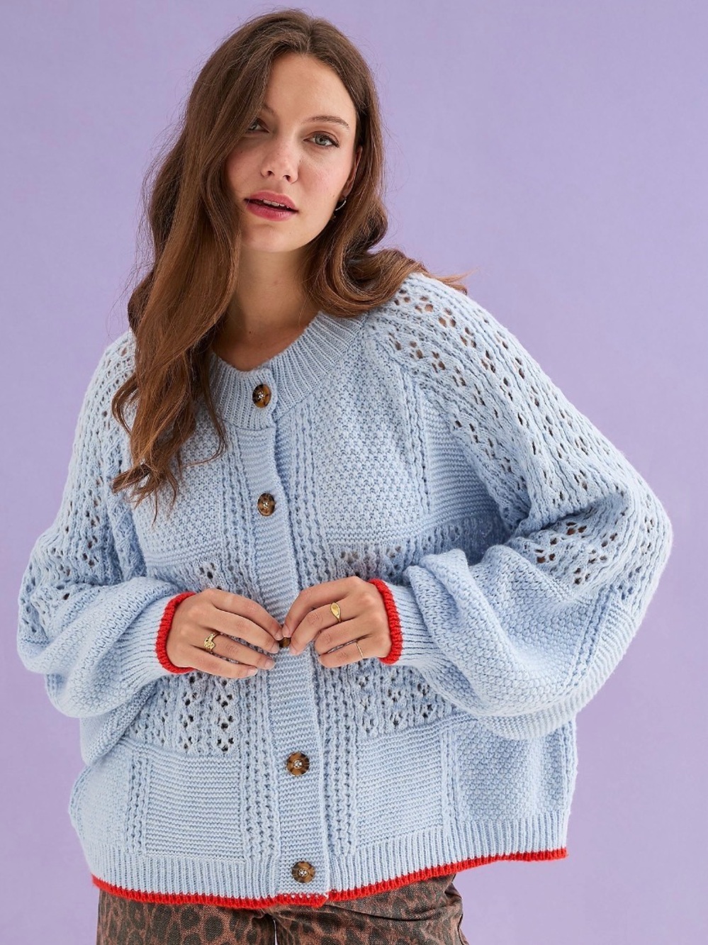 Cara & The Sky Pointelle Knit Cardi in Light Blue w Orange Trim - Made in the UK